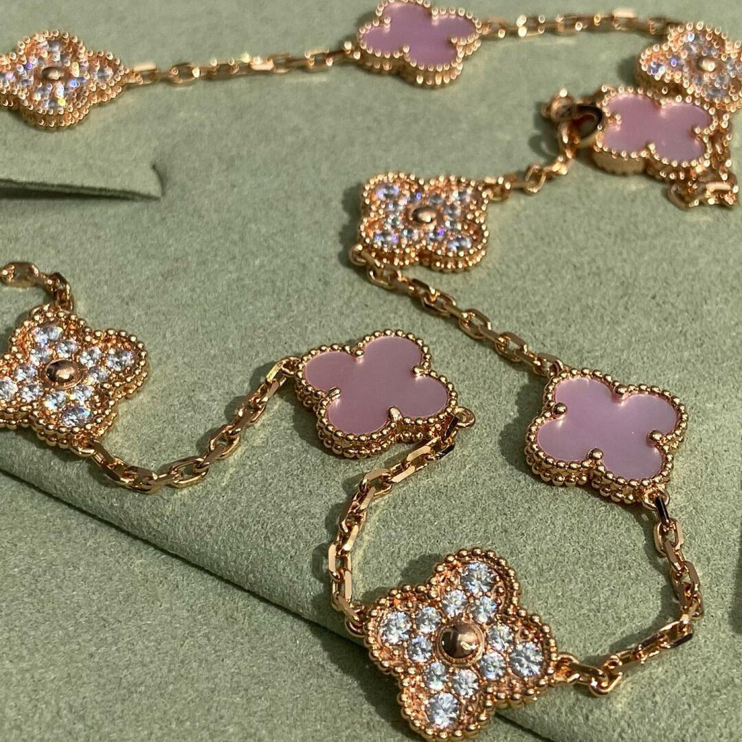 [Echo Fine ]CLOVER 10 MOTIFS DIAMOND PINK MOP NECKLACE