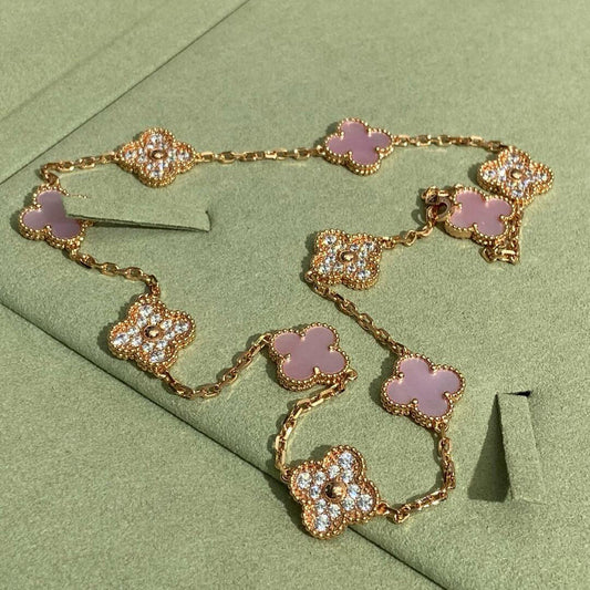 [Echo Fine ]CLOVER 10 MOTIFS DIAMOND PINK MOP NECKLACE