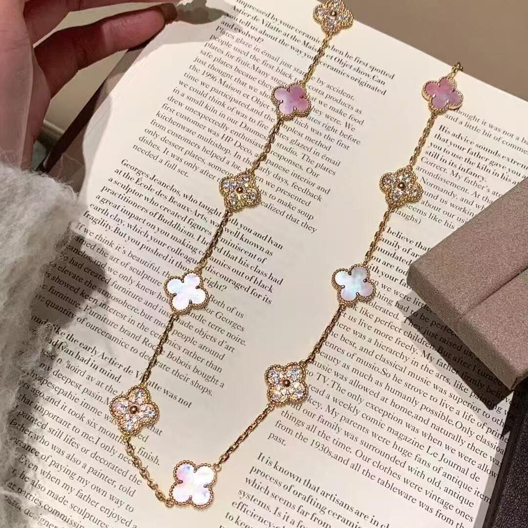 [Echo Fine ]CLOVER 10 MOTIFS DIAMOND PINK MOP NECKLACE