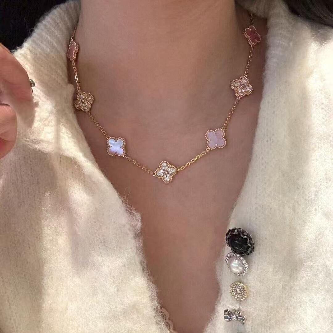 [Echo Fine ]CLOVER 10 MOTIFS DIAMOND PINK MOP NECKLACE