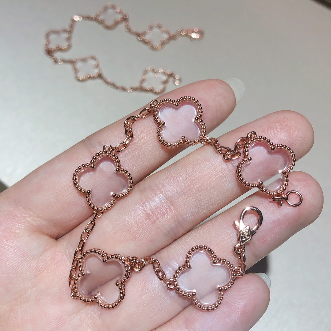 [Echo Fine ]CLOVER 5 MOTIF ROCK CRYSTAL PINK GOLD BRACELET