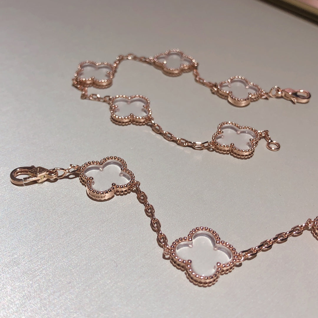 [Echo Fine ]CLOVER 5 MOTIF ROCK CRYSTAL PINK GOLD BRACELET