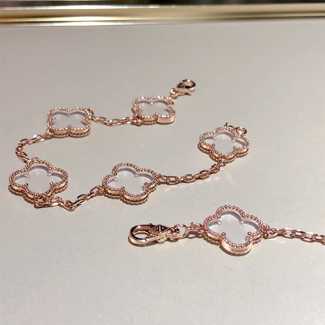 [Echo Fine ]CLOVER 5 MOTIF ROCK CRYSTAL PINK GOLD BRACELET