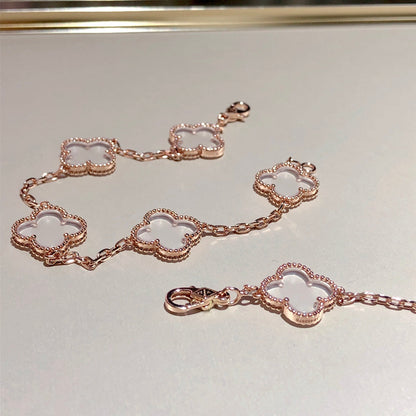 [Echo Fine ]CLOVER 5 MOTIF ROCK CRYSTAL PINK GOLD BRACELET