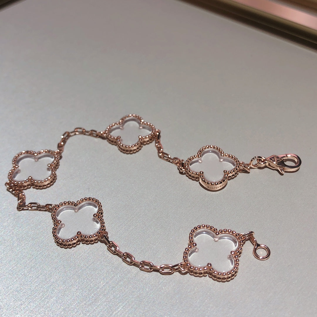 [Echo Fine ]CLOVER 5 MOTIF ROCK CRYSTAL PINK GOLD BRACELET