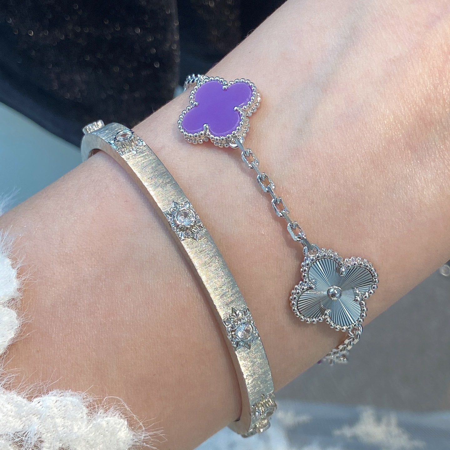 [Echo Fine ]CLOVER  5 MOTIFS  PURPLE VIOLET BRACELET SILVER