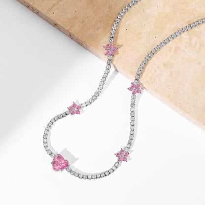 [Echo Fine ]Dazzling Pink Heart Flower Necklace