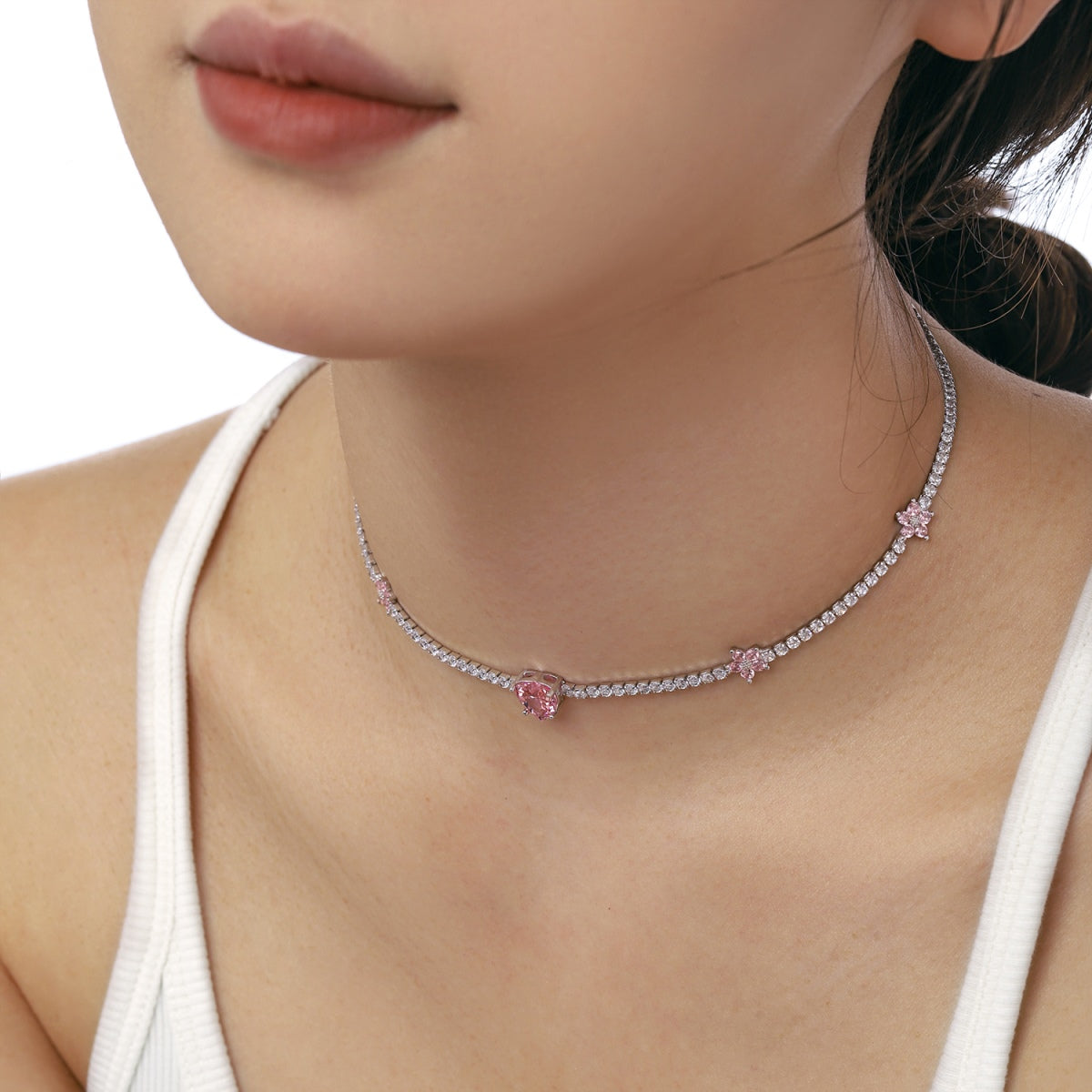 [Echo Fine ]Dazzling Pink Heart Flower Necklace