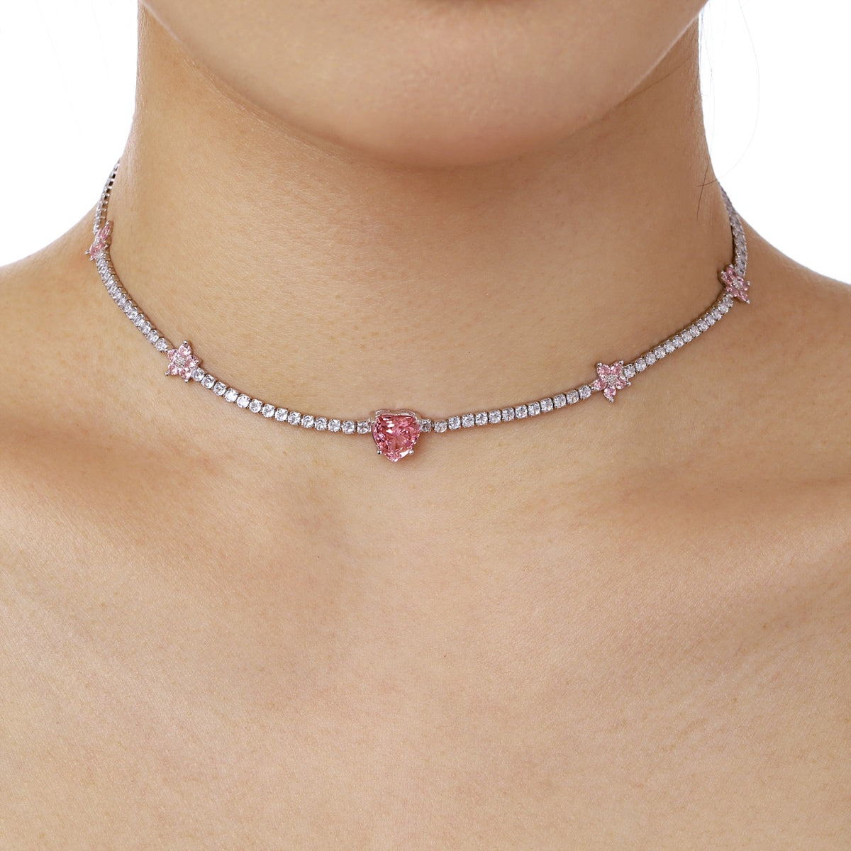 [Echo Fine ]Dazzling Pink Heart Flower Necklace