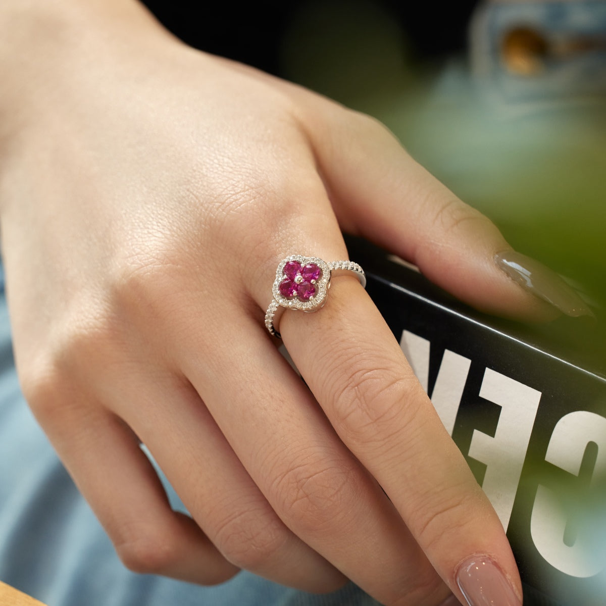 [Echo Fine ]Four Leaf Clover Flower Design Ring