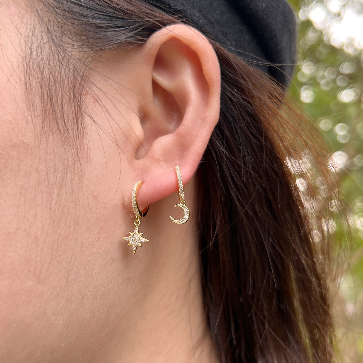 [Echo Fine ]Star and Moon Asymmetric Earrings
