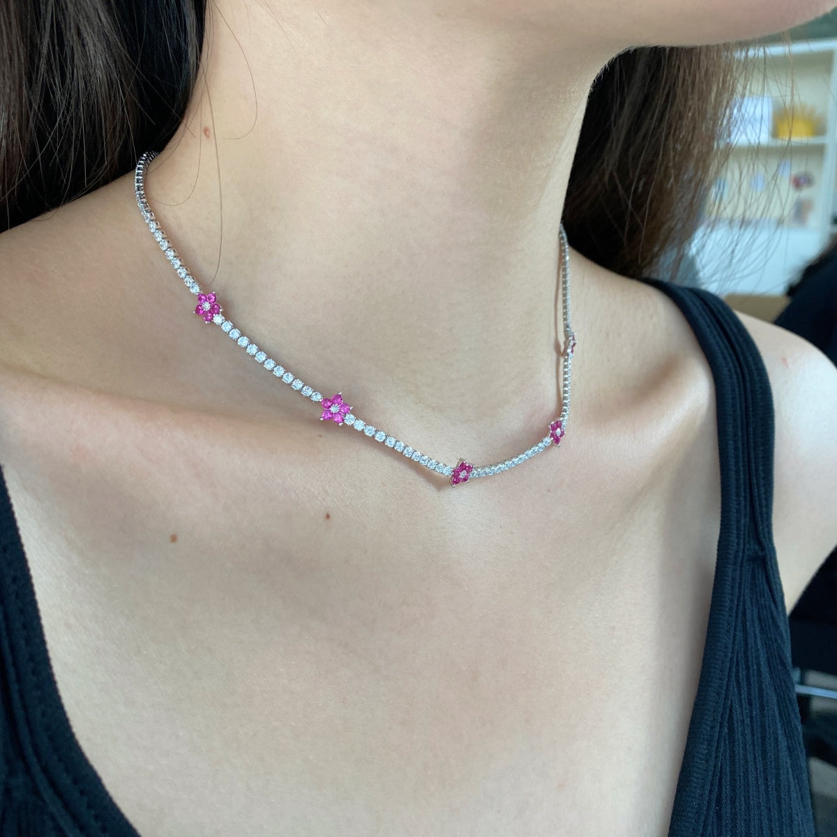[Echo Fine ]Luxurious Colorful Flower Tennis Necklace