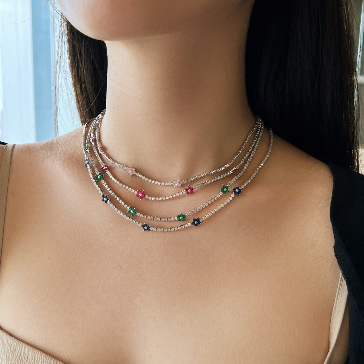 [Echo Fine ]Luxurious Colorful Flower Tennis Necklace