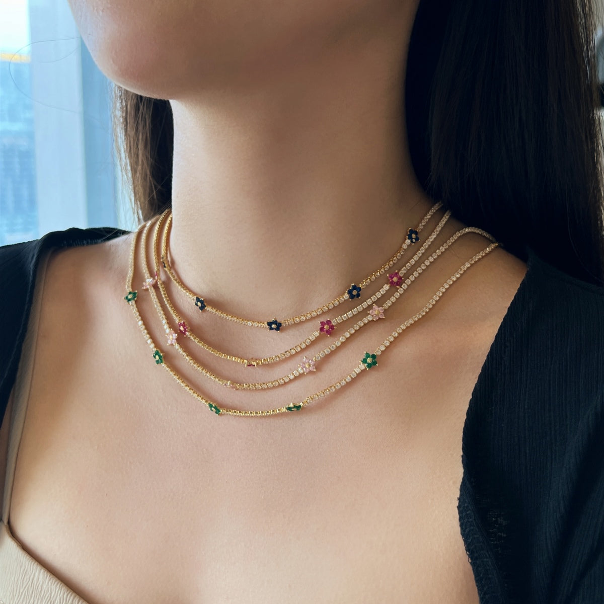 [Echo Fine ]Luxurious Colorful Flower Tennis Necklace