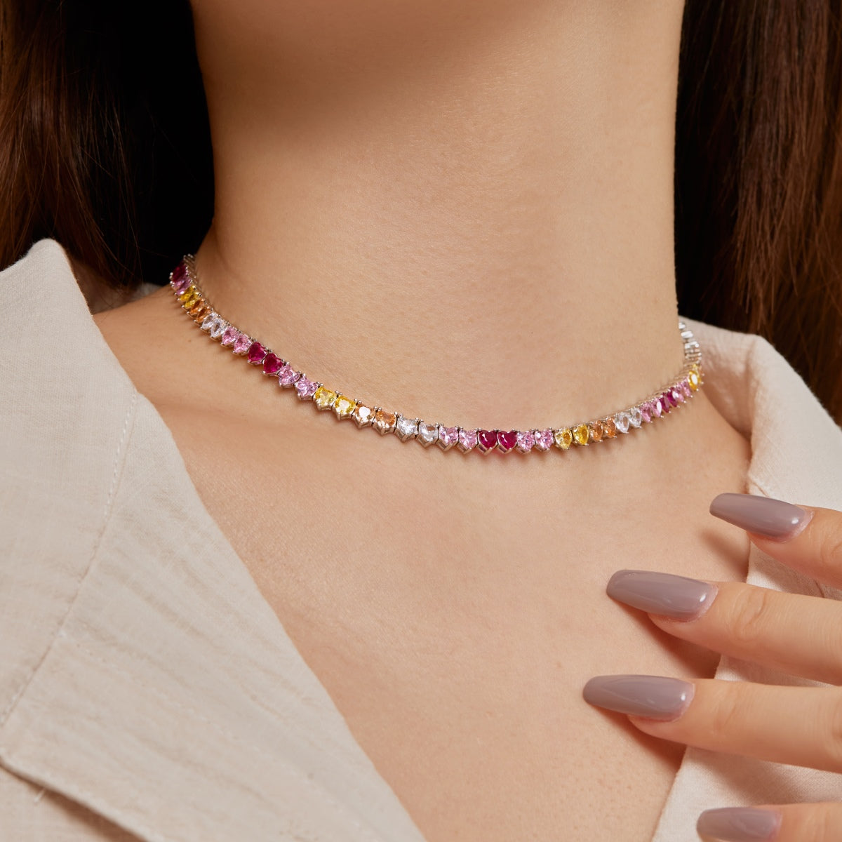 [Echo Fine ]Sparkling Colorful Full Heart Tennis Necklace