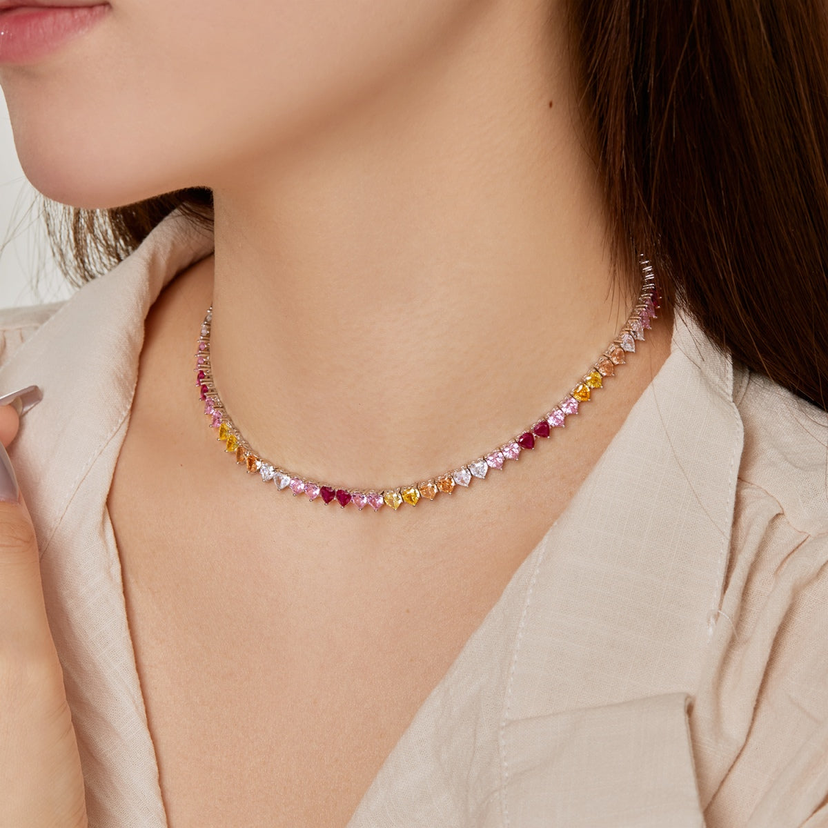 [Echo Fine ]Sparkling Colorful Full Heart Tennis Necklace