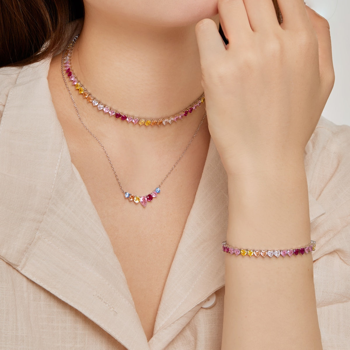 [Echo Fine ]Sparkling Colorful Full Heart Tennis Necklace