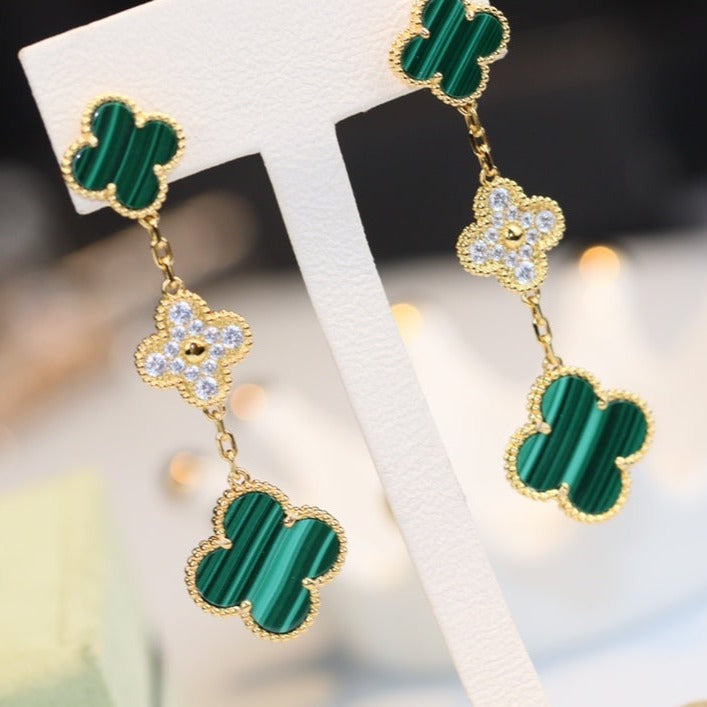 [Echo Fine ]CLOVER EARRINGS GOLD MALACHITE DIAMOND 3 MOTIF