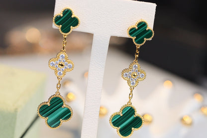 [Echo Fine ]CLOVER EARRINGS GOLD MALACHITE DIAMOND 3 MOTIF