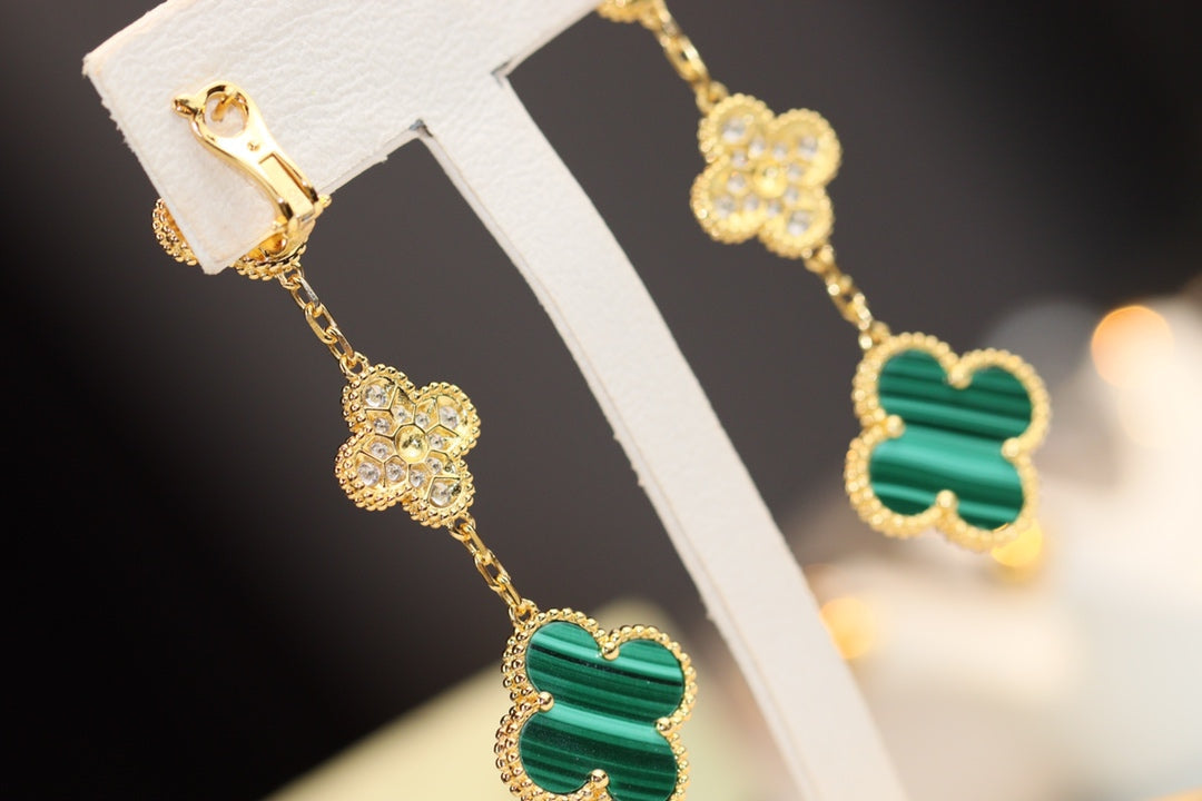[Echo Fine ]CLOVER EARRINGS GOLD MALACHITE DIAMOND 3 MOTIF