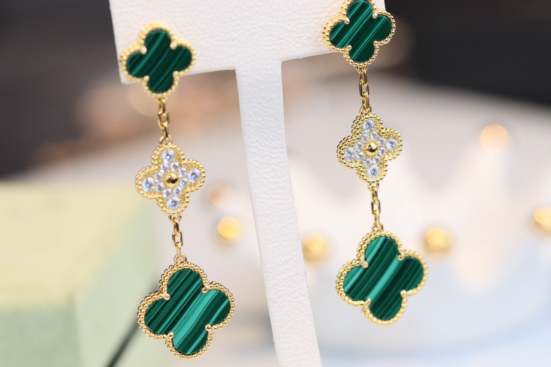 [Echo Fine ]CLOVER EARRINGS GOLD MALACHITE DIAMOND 3 MOTIF