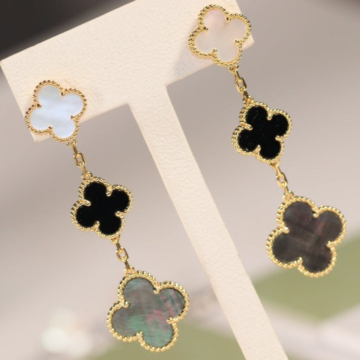 [Echo Fine ]CLOVER EARRINGS GOLD ONYX MOP 3 MOTIF