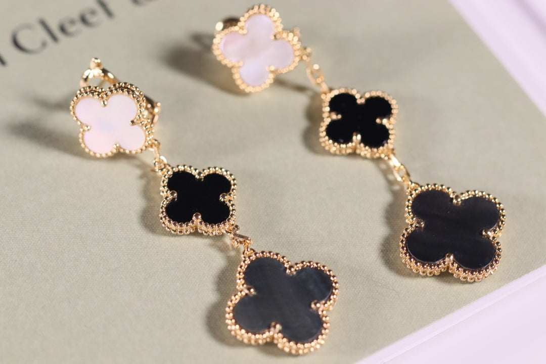 [Echo Fine ]CLOVER EARRINGS GOLD ONYX MOP 3 MOTIF