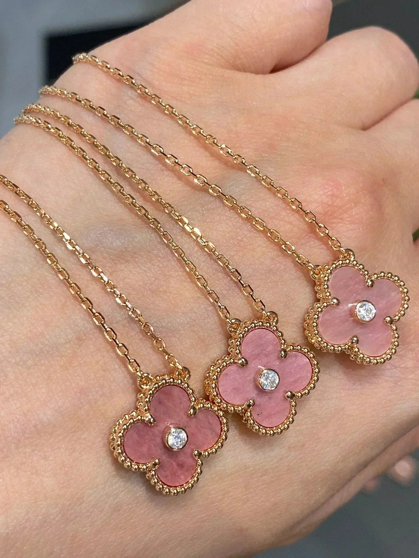 [Echo Fine ]CLOVER 15MM DIAMOND RHODONITE NECKLACE
