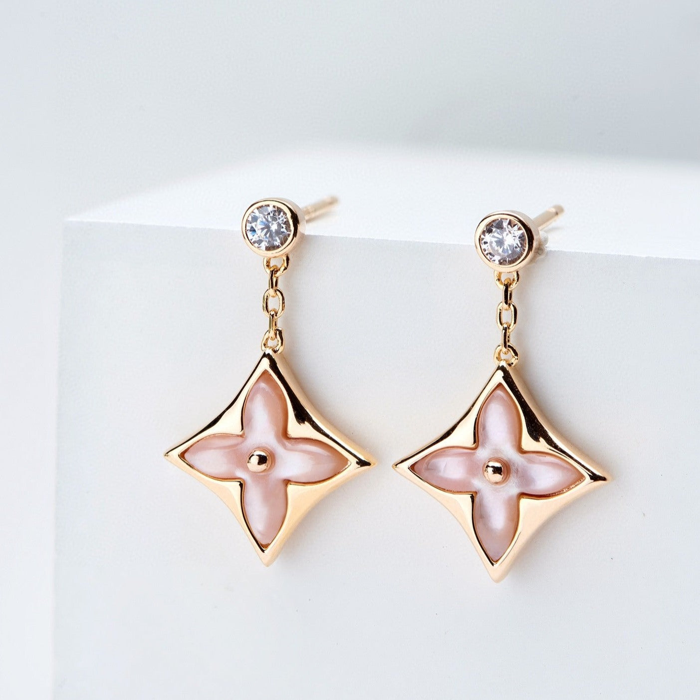 [Echo Fine ]DOUBLE STAR PINK GOLD MOP DROP EARRINGS