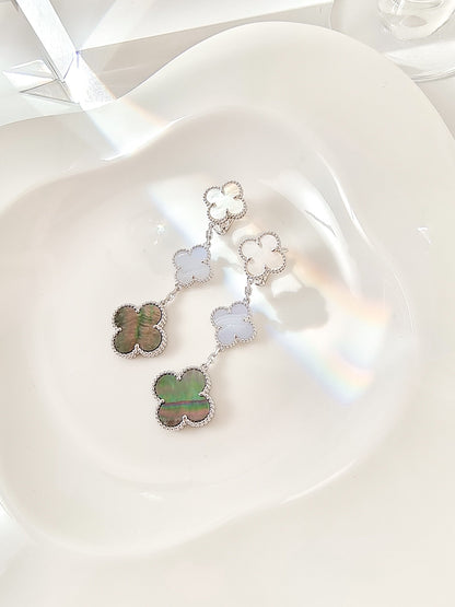 [Echo Fine ]CLOVER 3 MOTIFS CHALCEDONY DARK MOP SILVER EARRINGS