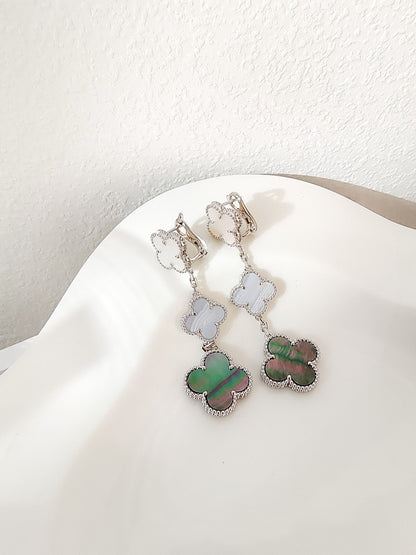 [Echo Fine ]CLOVER 3 MOTIFS CHALCEDONY DARK MOP SILVER EARRINGS