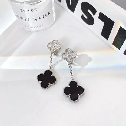 [Echo Fine ]CLOVER 2 MOTIFS  DIAMOND ONYX EARRINGS SILVER