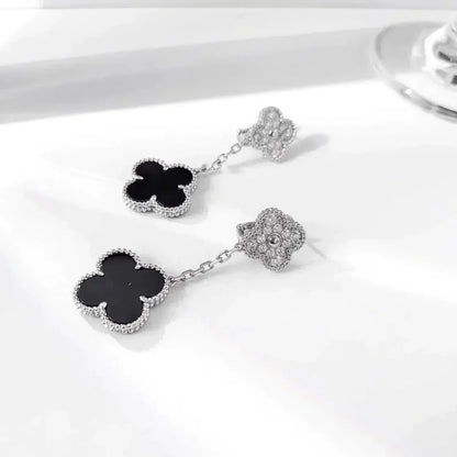 [Echo Fine ]CLOVER 2 MOTIFS  DIAMOND ONYX EARRINGS SILVER