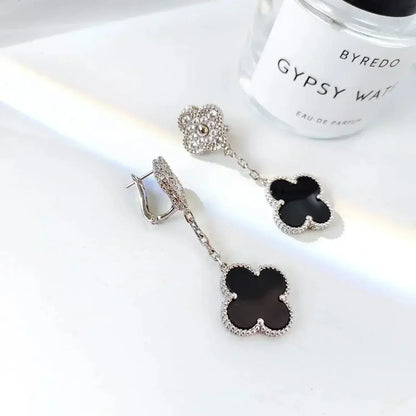 [Echo Fine ]CLOVER 2 MOTIFS  DIAMOND ONYX EARRINGS SILVER
