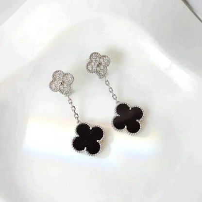 [Echo Fine ]CLOVER 2 MOTIFS  DIAMOND ONYX EARRINGS SILVER