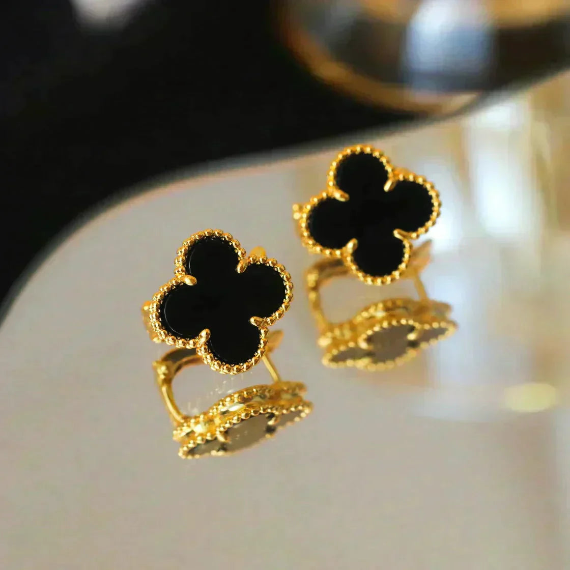 [Echo Fine ]CLOVER MEDIUM 1 MOTIFS  ONYX STUD EARRINGS