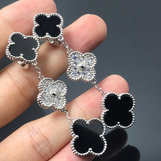 [Echo Fine ]CLOVER 3 MOTIF DIAMOND ONYX SILVER EARRINGS