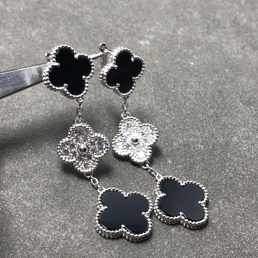 [Echo Fine ]CLOVER 3 MOTIF DIAMOND ONYX SILVER EARRINGS