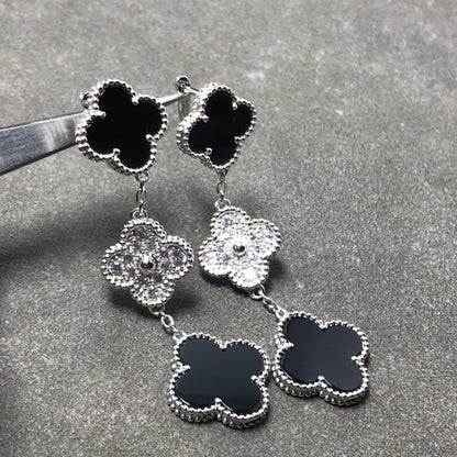 [Echo Fine ]CLOVER 3 MOTIF DIAMOND ONYX SILVER EARRINGS