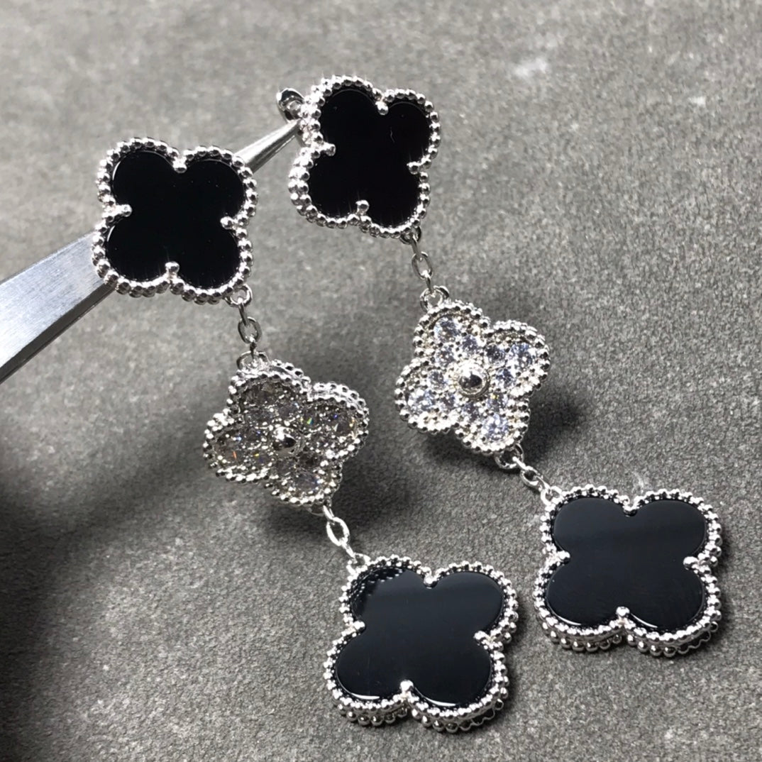 [Echo Fine ]CLOVER 3 MOTIF DIAMOND ONYX SILVER EARRINGS