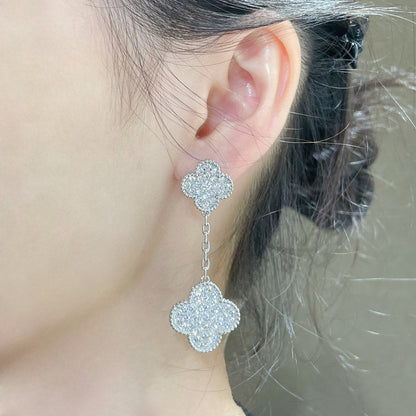 [Echo Fine ]CLOVER 2 MOTIFS DIAMOND PAVED SILVER EARRINGS
