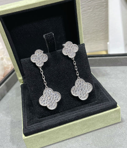 [Echo Fine ]CLOVER 2 MOTIFS DIAMOND PAVED SILVER EARRINGS