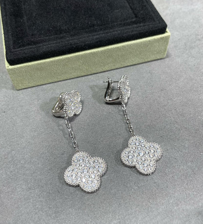 [Echo Fine ]CLOVER 2 MOTIFS DIAMOND PAVED SILVER EARRINGS