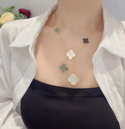 [Echo Fine ]CLOVER 6 MOTIF MOP ONYX GOLD NECKLACE