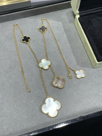 [Echo Fine ]CLOVER 6 MOTIF MOP ONYX GOLD NECKLACE