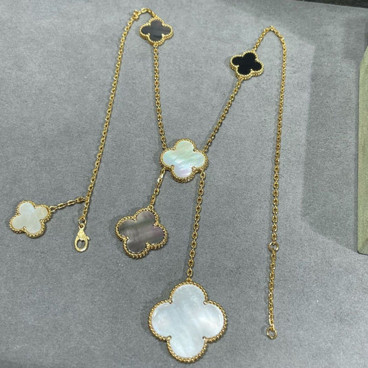[Echo Fine ]CLOVER 6 MOTIF MOP ONYX GOLD NECKLACE