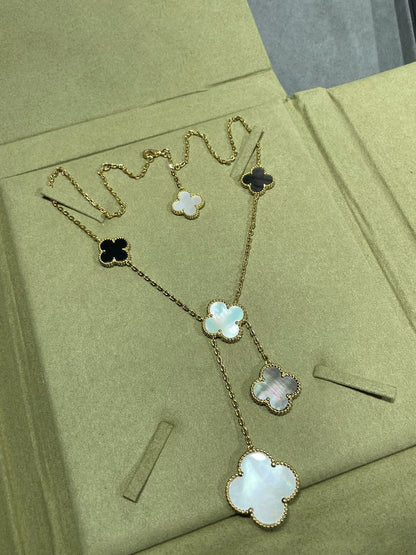 [Echo Fine ]CLOVER 6 MOTIF MOP ONYX GOLD NECKLACE