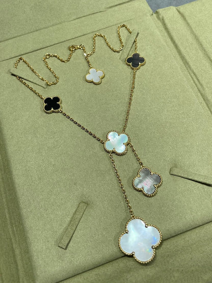 [Echo Fine ]CLOVER 6 MOTIF MOP ONYX GOLD NECKLACE