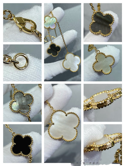 [Echo Fine ]CLOVER 6 MOTIF MOP ONYX GOLD NECKLACE