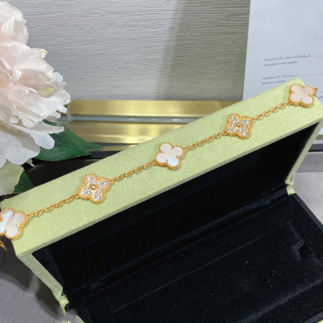 [Echo Fine ]CLOVER 5 MOTIF DIAMOND PINK MOP PINK GOLD BRACELET
